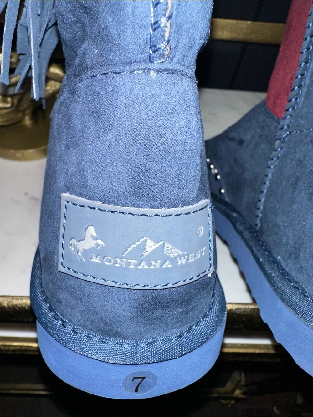 MONTANA WEST Suede Leather Western slide fur Boots Rodeo studded fringe Navy 7
